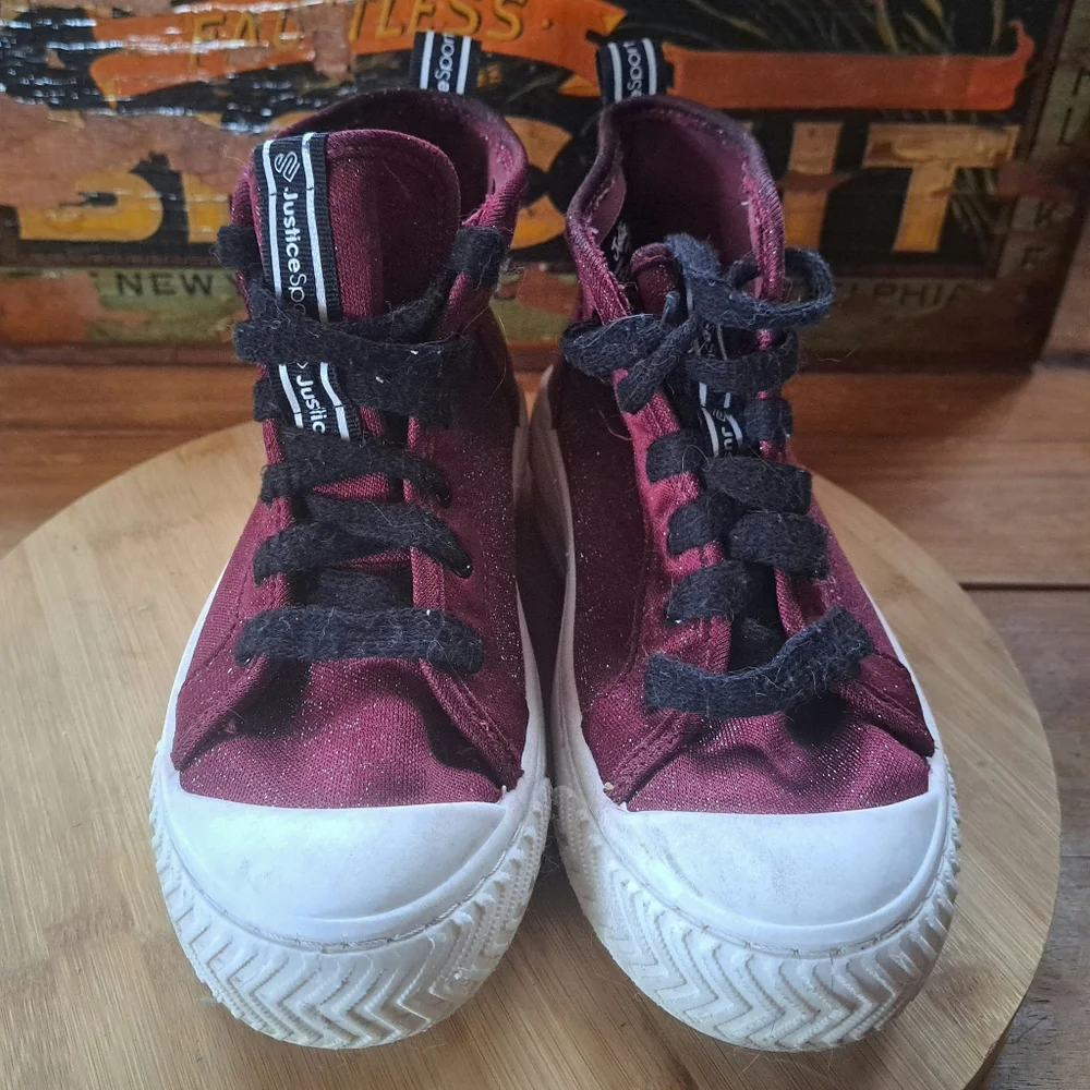 Justice Kids High Top Sneakers Size 4 Burgundy Glitter Lug Sole Casual Shoes